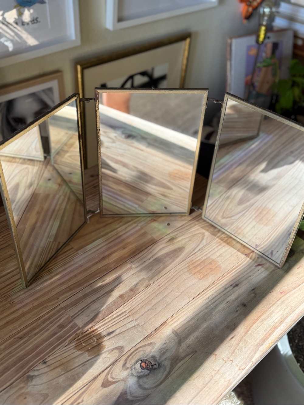 Rare Triptych of Mirrors, France, 1930s Vintage Trifold Vanity Mirror in Gold